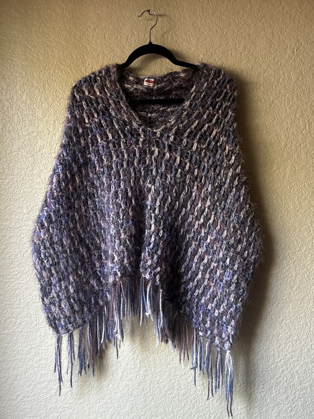 Cozy V-Neck Fringe Sweater Poncho in Heathered Lavender